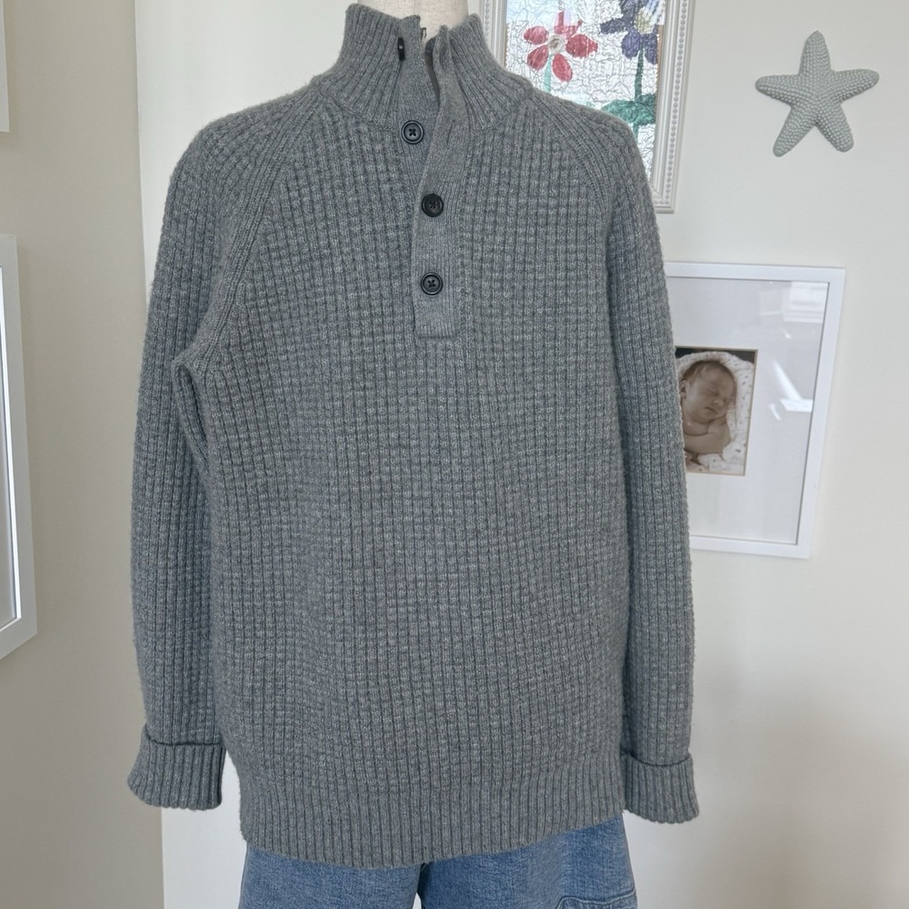 Gap Sweater Men's L/XL Lambswool Waffle Knit Mock Neck Henley Gray Vintage‎
